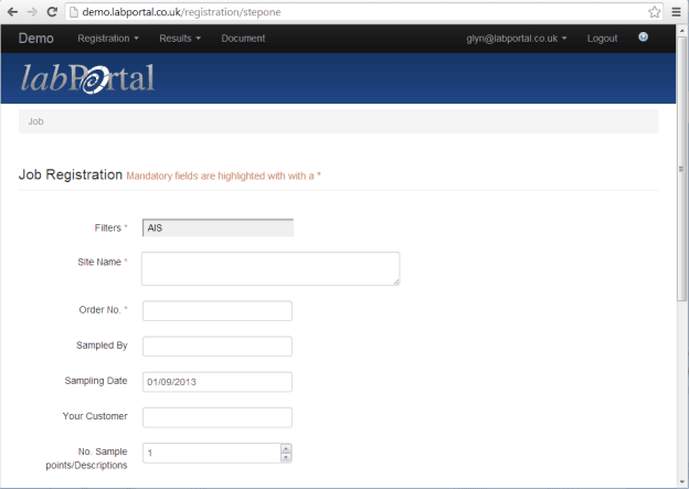 A screenshot of job registration screen in labPortal