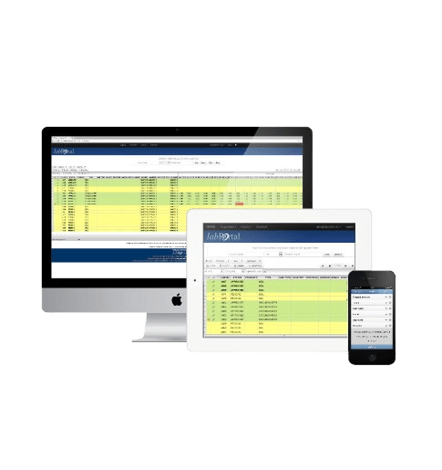 A computer screen, tablet and phone showing labPortal in action