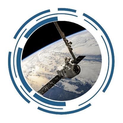 A vessel in space, hovering over the Earth. The image is framed by a circular, futuristic design.